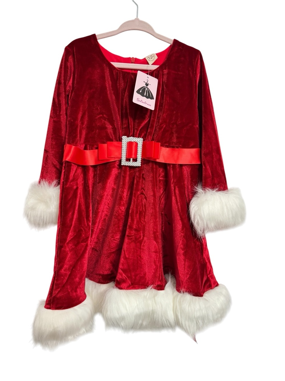 Girls Red Velvet Santa Dress Faux Fur Trim Holiday Christmas Dress Size 120 NWT